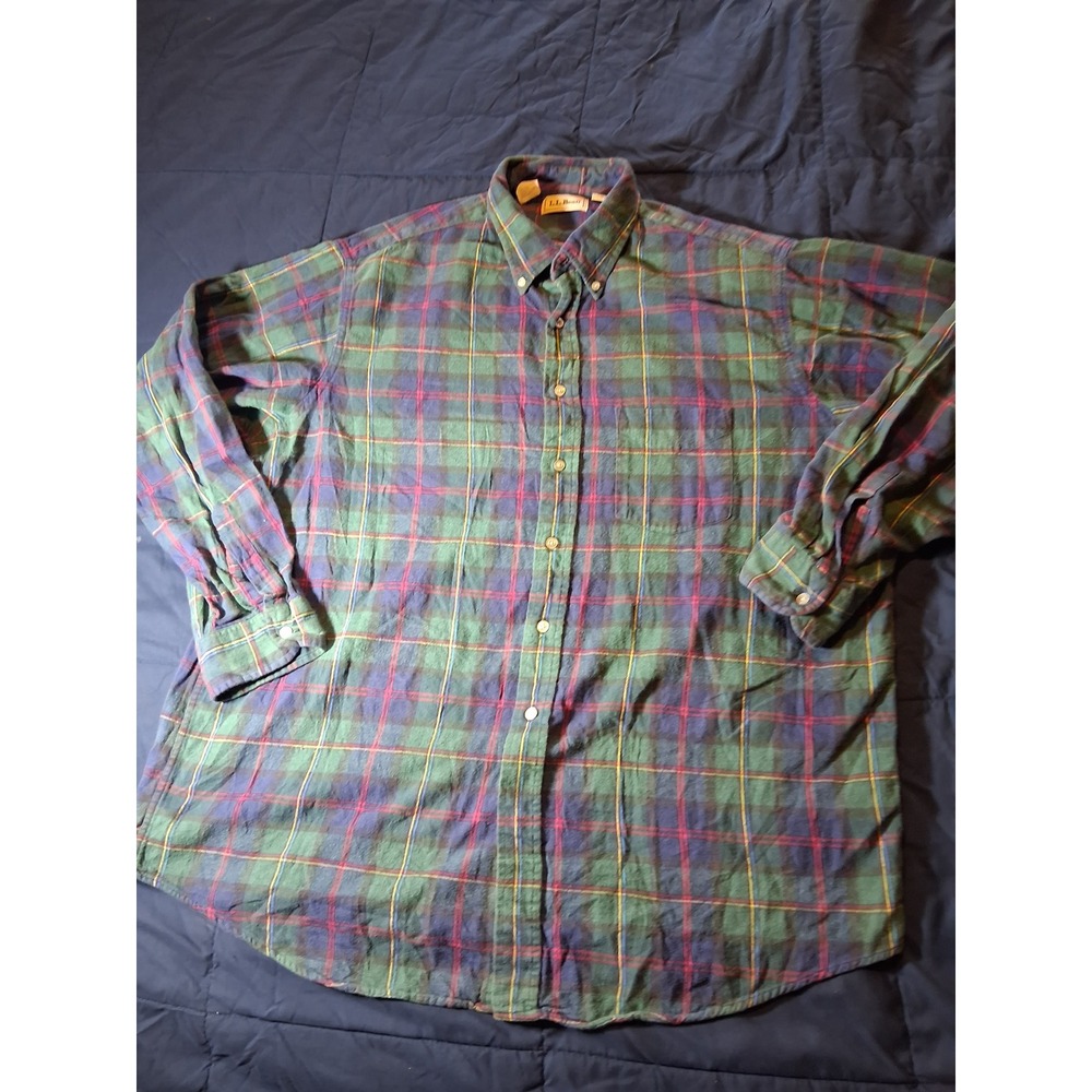 LL Bean Mens XL Flannel Shirt Green Blue Red Plaid Button Down Cotton